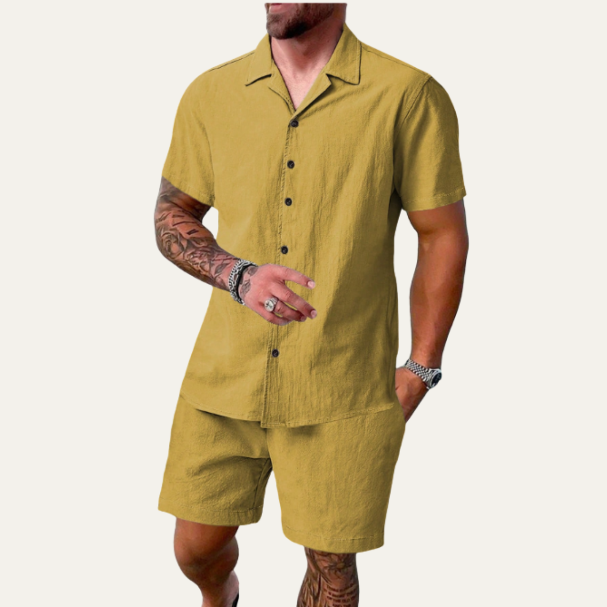Men's Summer Shorts Set Cotton Shirt Lightweight
