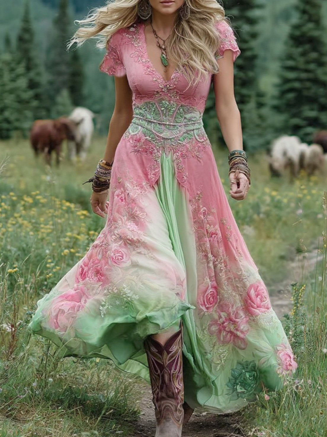Women's Short Sleeve Gradient Maxi Dress