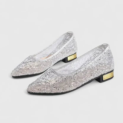 Women's Lace Pointed Toe Flat Shoes Low Block Heel