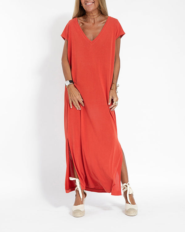 Women's V-Neck Short Sleeve Maxi Dress Coral - Vonnera