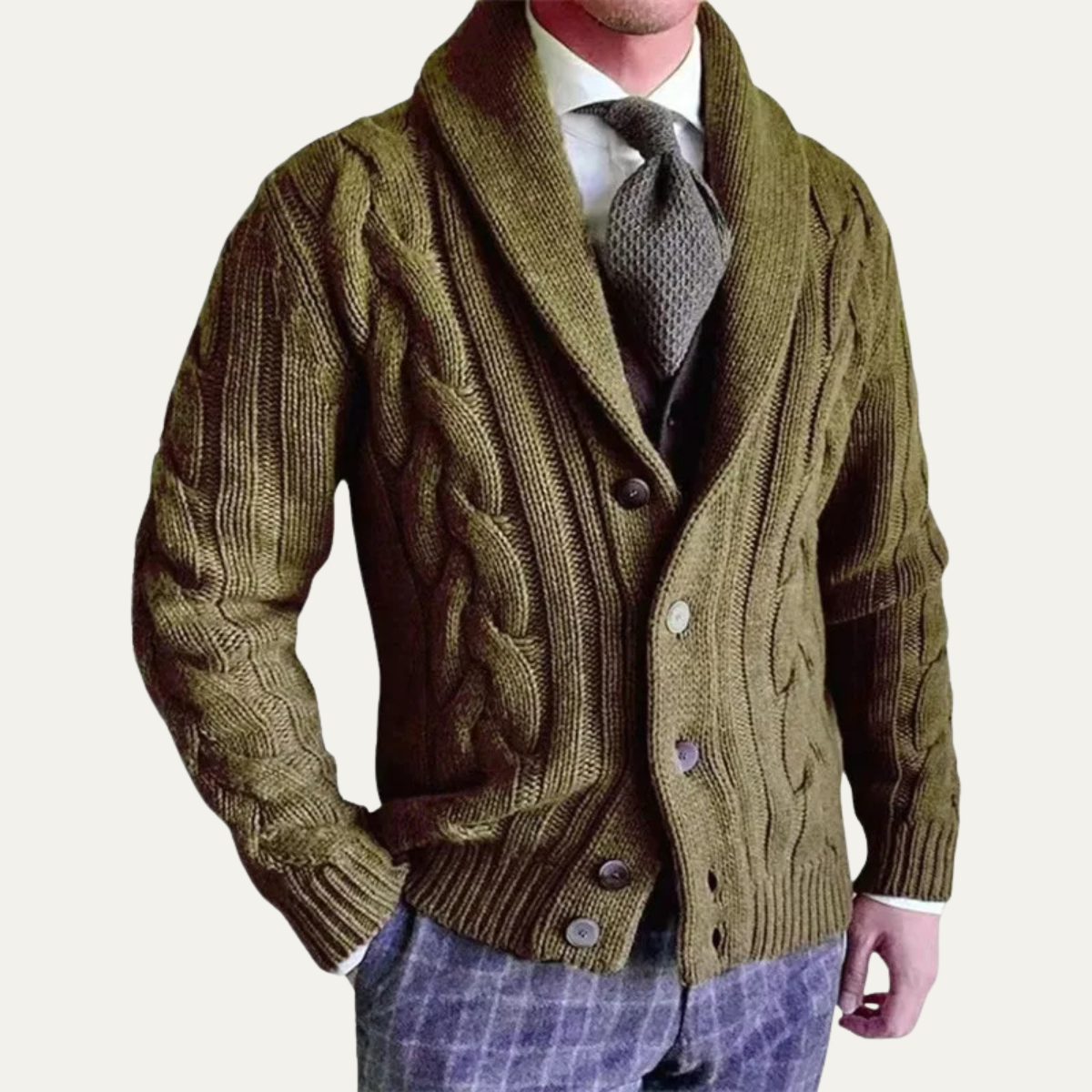Men's Cable Knit Cardigan Shawl Collar Button Up
