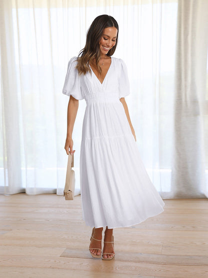 Noelle Women's V-Neck Midi Dress Puff Sleeve Smocked Waist