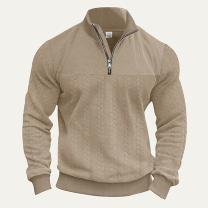 Men's Knitted Sweater Stand Up Collar Jacquard Beige