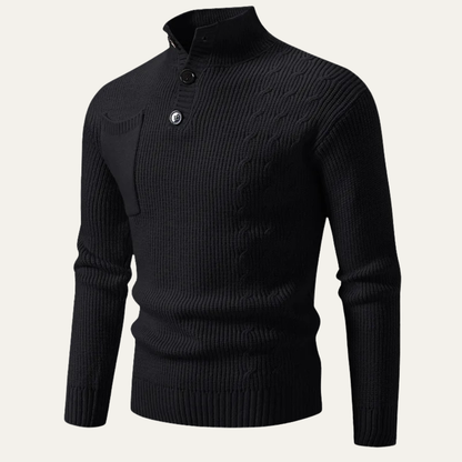 Men's Cable Knit Sweater High Neck Button Collar