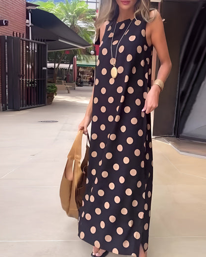 Women's Polka Dot Maxi Dress Tummy Control Flowy Black