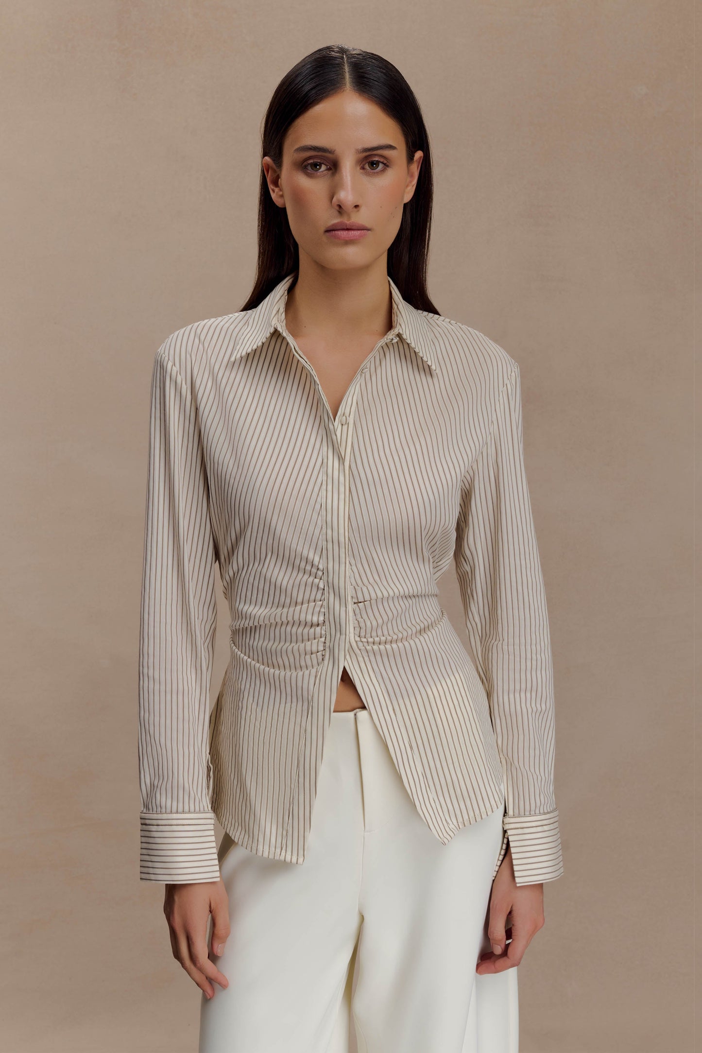 Women's Beige Striped Button-Down Shirt - Vonnera