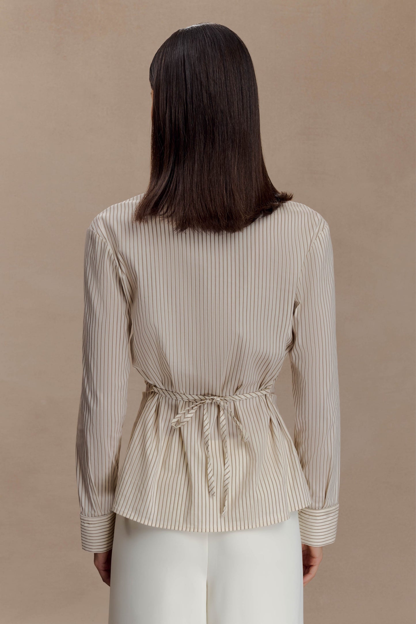 Women's Beige Striped Button-Down Shirt