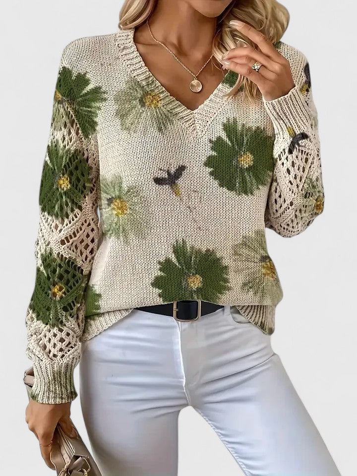 Women's V-Neck Crochet Sweater Floral