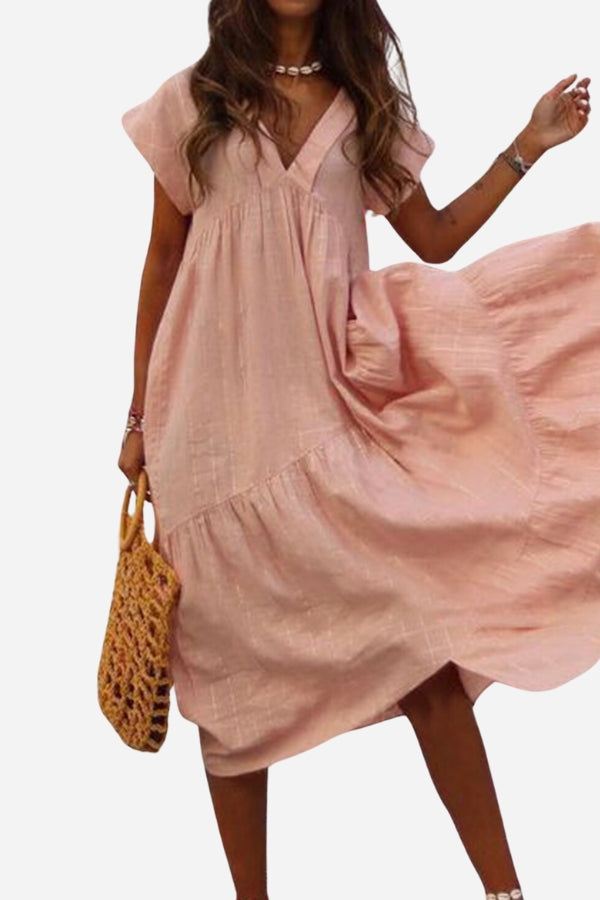Women's V-Neck Tiered Midi Dress Flutter Sleeves - Vonnera