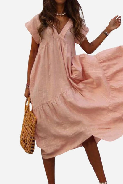 Women's V-Neck Tiered Midi Dress Flutter Sleeves - Vonnera