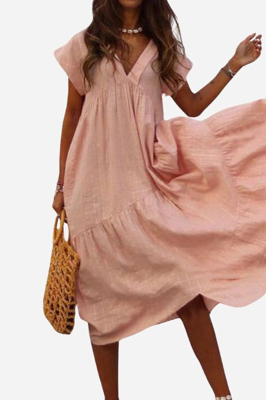 Women's V-Neck Tiered Midi Dress Flutter Sleeves - Vonnera
