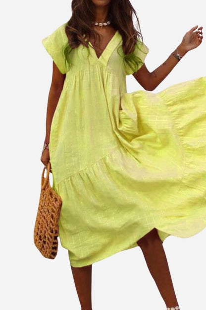 Women's V-Neck Tiered Midi Dress Flutter Sleeves