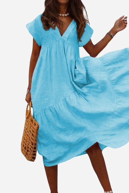 Women's V-Neck Tiered Midi Dress Flutter Sleeves