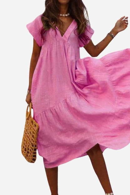 Women's V-Neck Tiered Midi Dress Flutter Sleeves