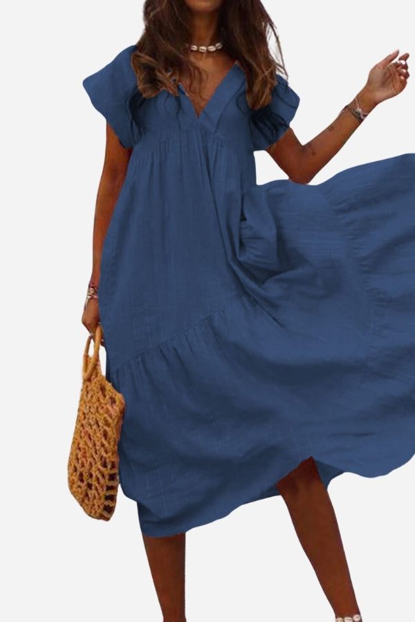 Rosie | Women's V-Neck Tiered Midi Dress with Flutter Sleeves