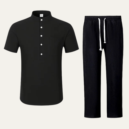 Mens Lightweight Cotton Linen Polo Shirt Pants Set - Vonnera