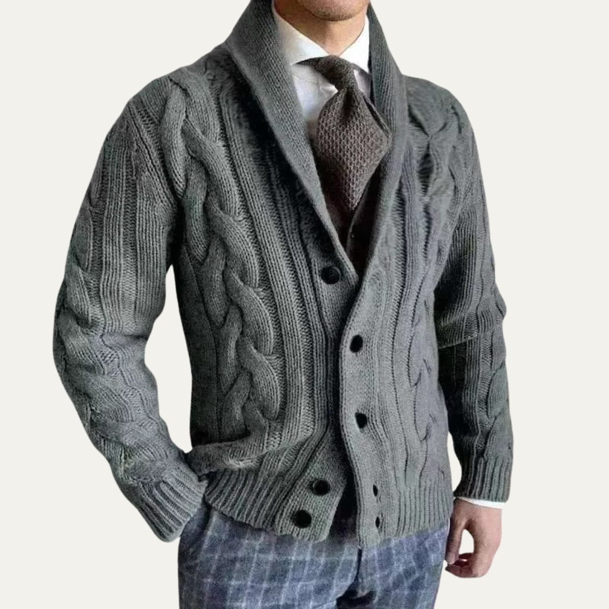 Men's Cable Knit Cardigan Shawl Collar Button Up