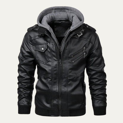 Men's Retro Leather Hooded Jacket With Pockets - Vonnera