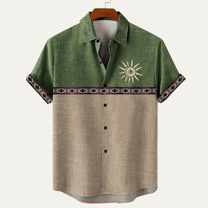 Lucca Men's Linen Button Down Shirt Retro Patchwork