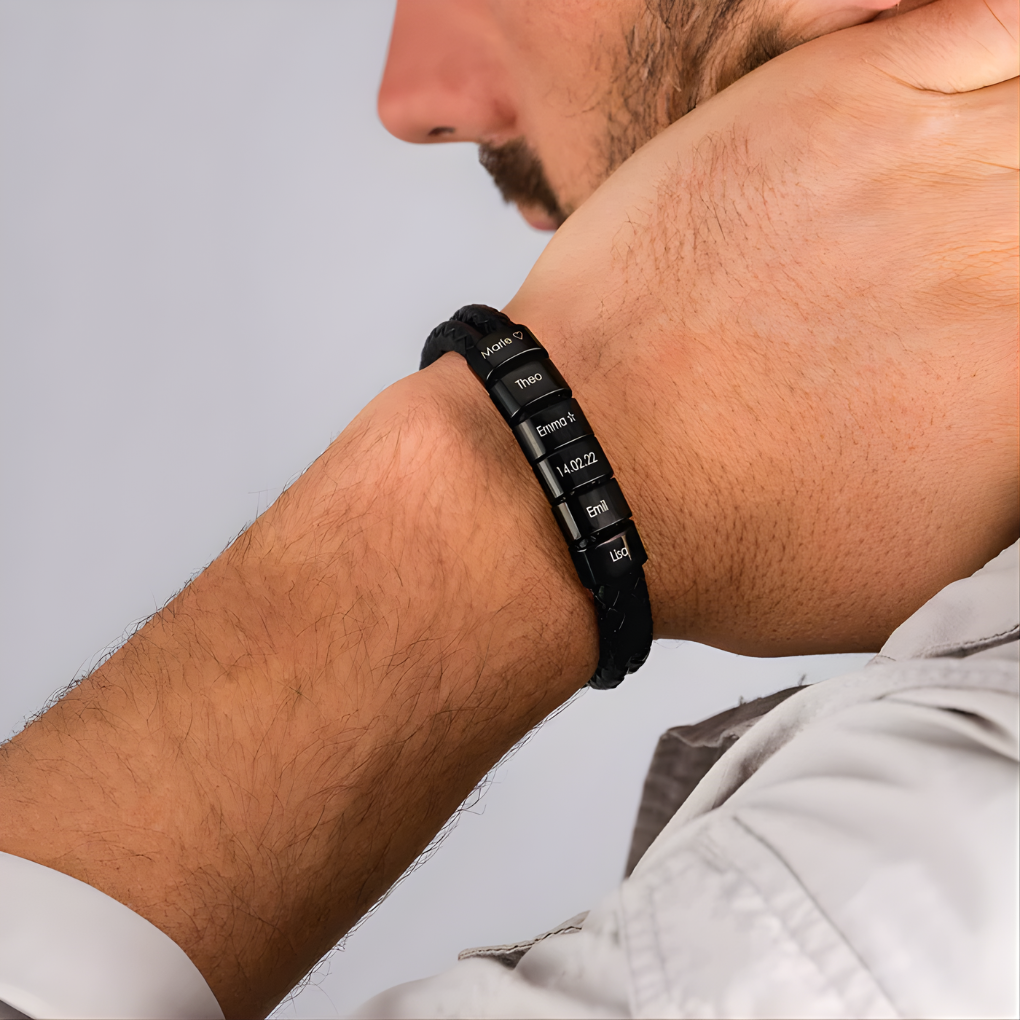 Men's Engraved Bead Black Bracelet
