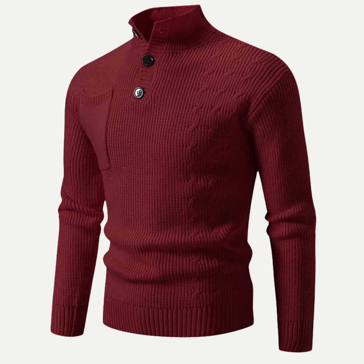 Men's Cable Knit Sweater High Neck Button Collar