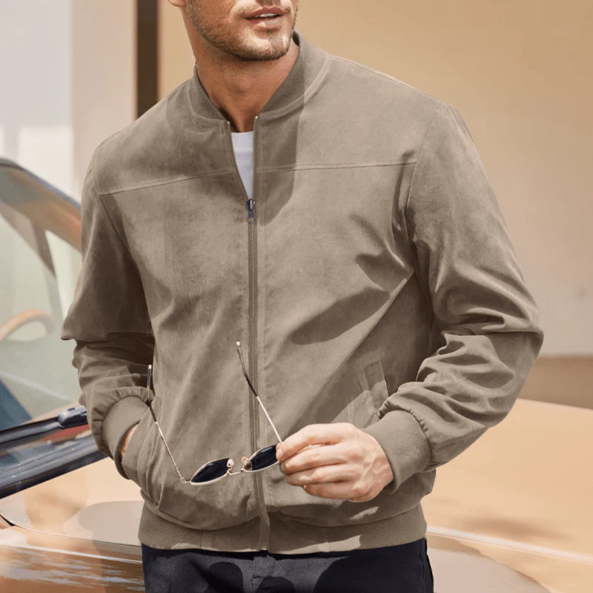 Men's Suede Bomber Jacket Vintage Style