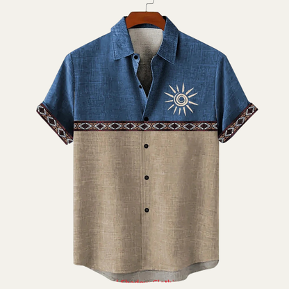 Men's Linen Button Down Shirt Patchwork Beige
