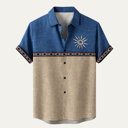 Men's Linen Button Down Shirt Patchwork Beige - Vonnera