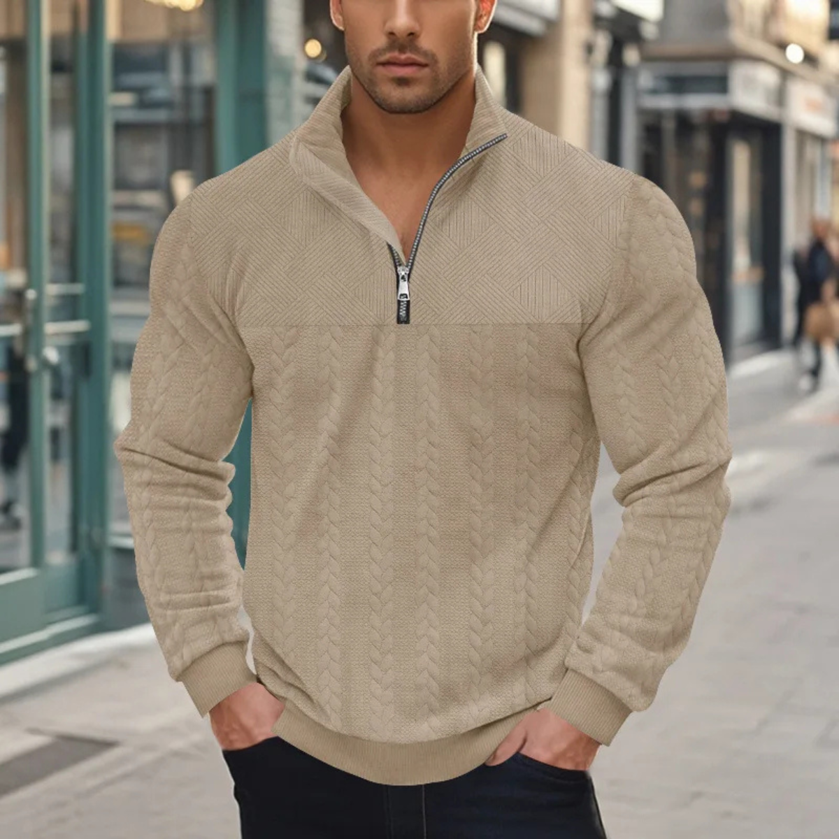 Men's Knitted Sweater Stand Up Collar Jacquard Beige