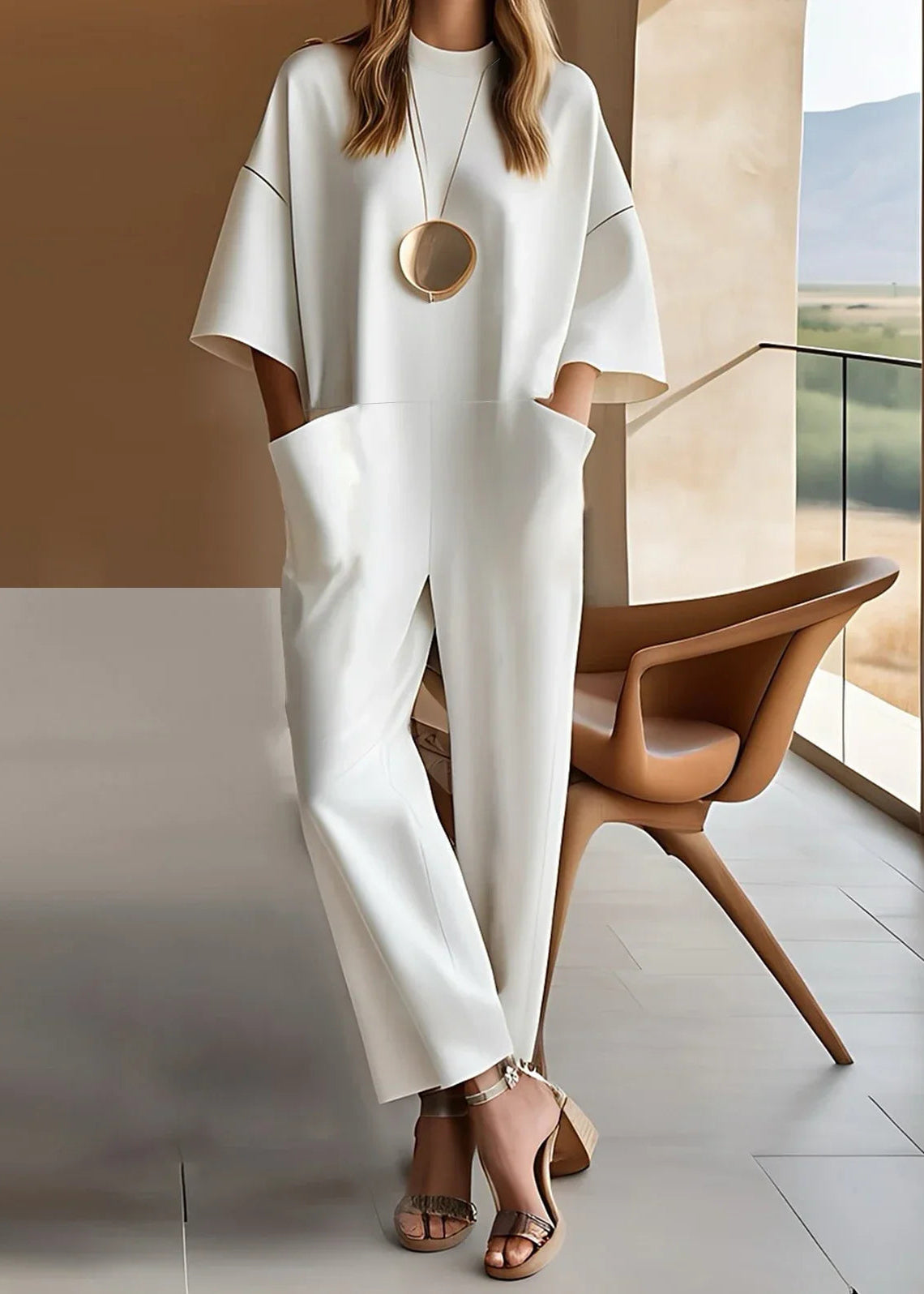 Women's Crew Neck Jumpsuit Short Sleeve Wide Leg - Vonnera
