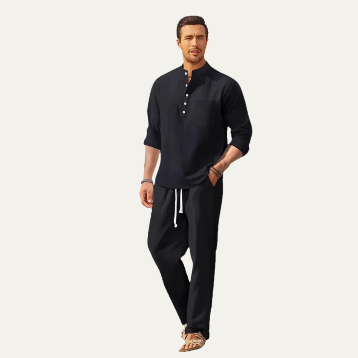 Men's Casual Long Sleeve Shirt And Trousers Lightweight Beige