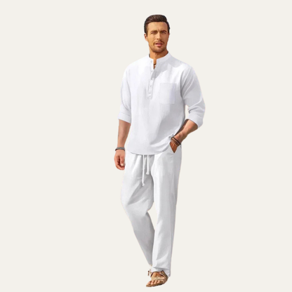 Men's Casual Long Sleeve Shirt And Trousers Lightweight Beige