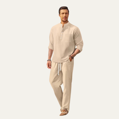 Men's Casual Long Sleeve Shirt And Trousers Lightweight Beige