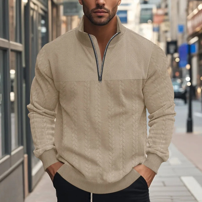 Men's Knitted Sweater Stand Up Collar Jacquard Beige