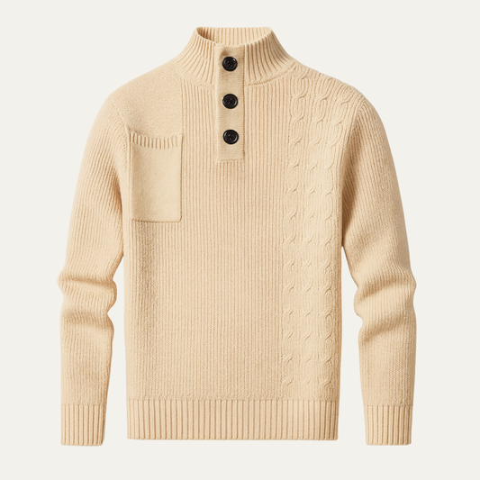 Men's Cable Knit Sweater High Neck Button Collar - Vonnera
