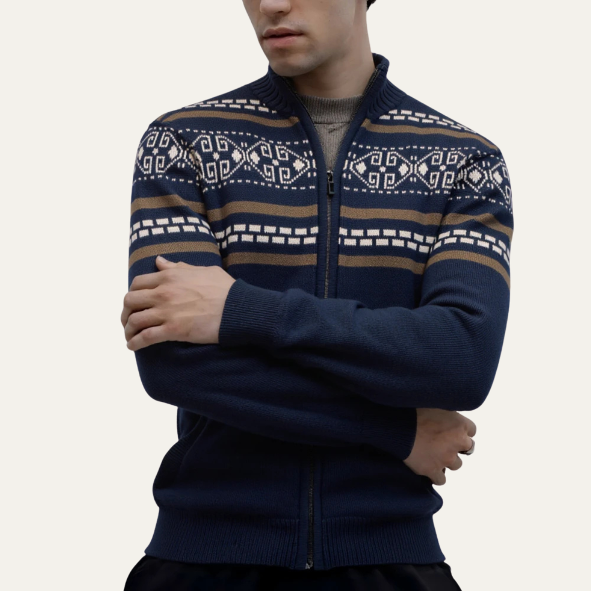 Men's Patterned Knit Cotton Cardigan Zip Up Winter