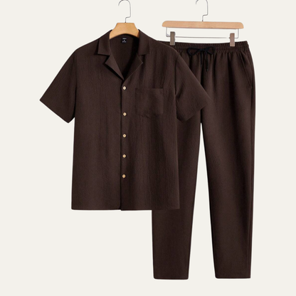 Men's Short Sleeve Shirt And Elastic Waist Trousers Relaxed Beige
