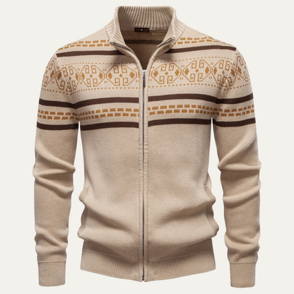 Men's Patterned Knit Cotton Cardigan Zip Up Winter