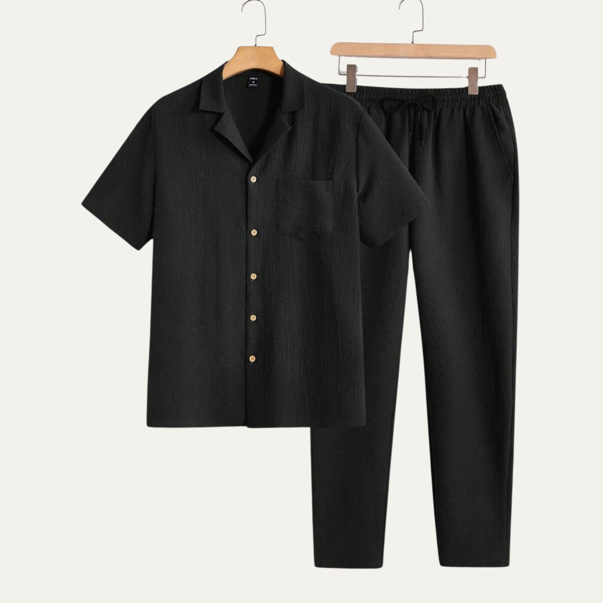 Men's Short Sleeve Shirt And Elastic Waist Trousers Relaxed Beige