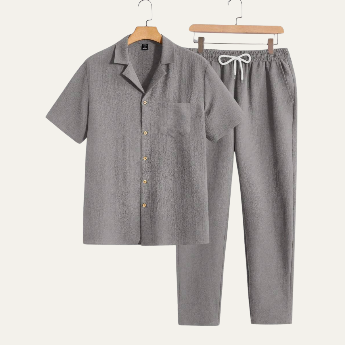 Men's Short Sleeve Shirt And Elastic Waist Trousers Relaxed Beige
