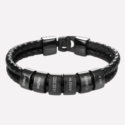 Men's Engraved Bead Black Leather Bracelet - Vonnera