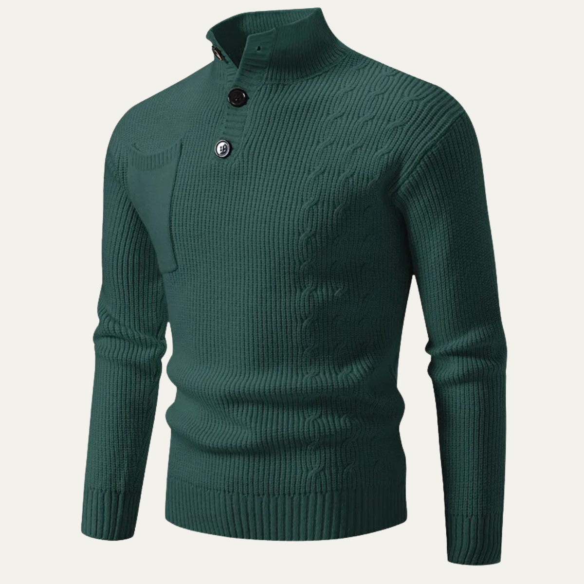 Men's Cable Knit Sweater High Neck Button Collar