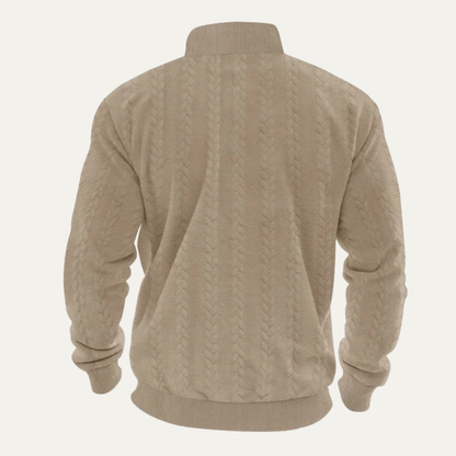 Men's Knitted Sweater Stand Up Collar Jacquard Beige