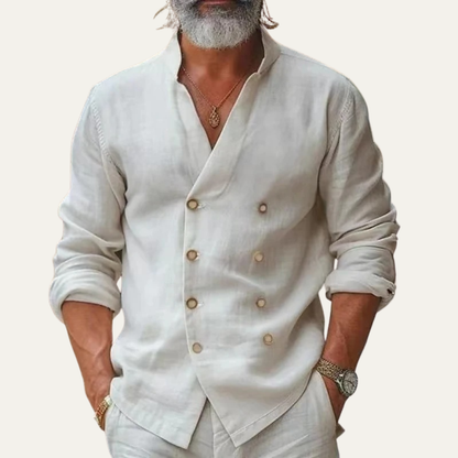 Men's Double Breasted Shirt Vintage Stand Collar Cotton
