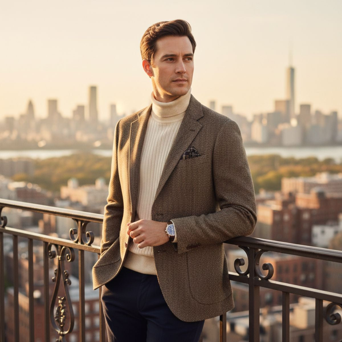 Men's Wool Tweed Blazer Jacket Herringbone Pattern