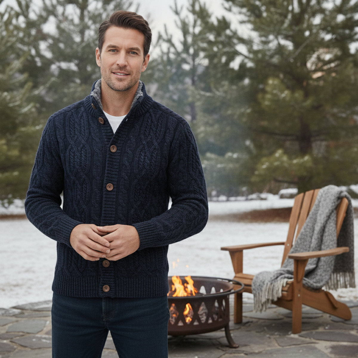 Men's Wool Cardigan Fleece Lined Winter Gray