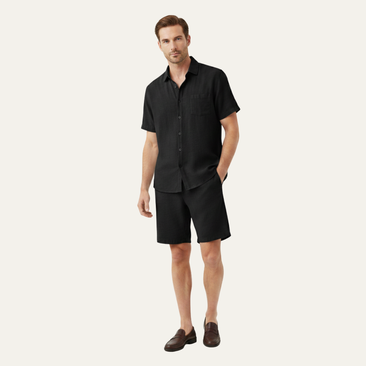 Men's Linen Shirt And Shorts Set Breathable Summer Beige