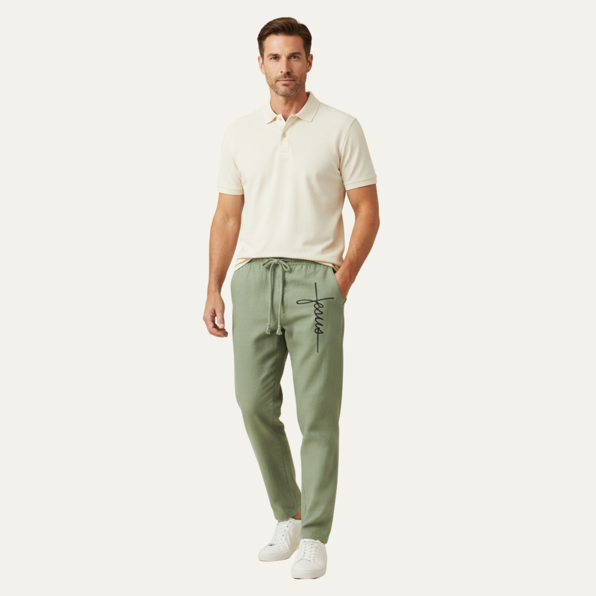 Men's Linen Drawstring Pants Relaxed Fit Beige