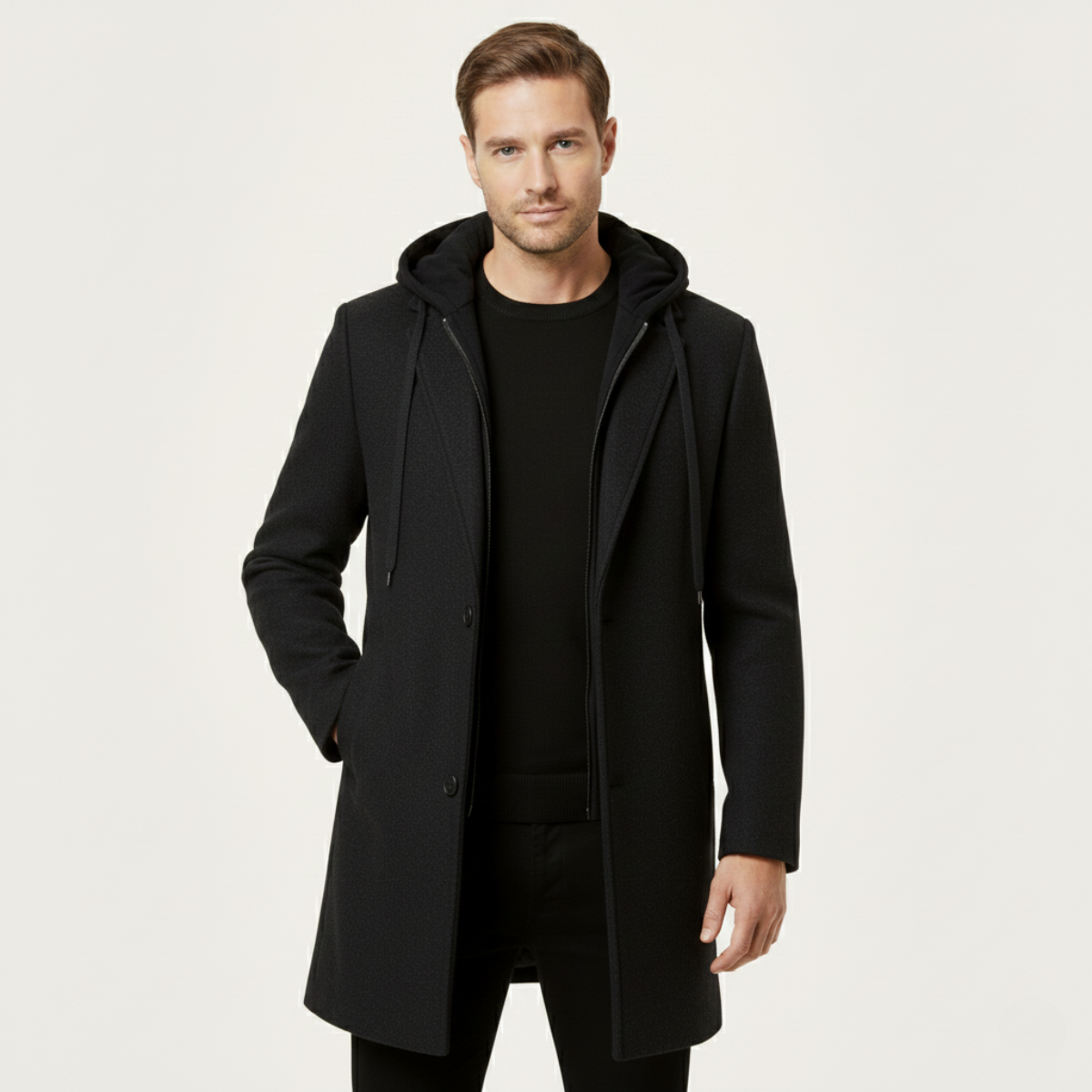 Men's Wool Overcoat Quilted Lining Hooded