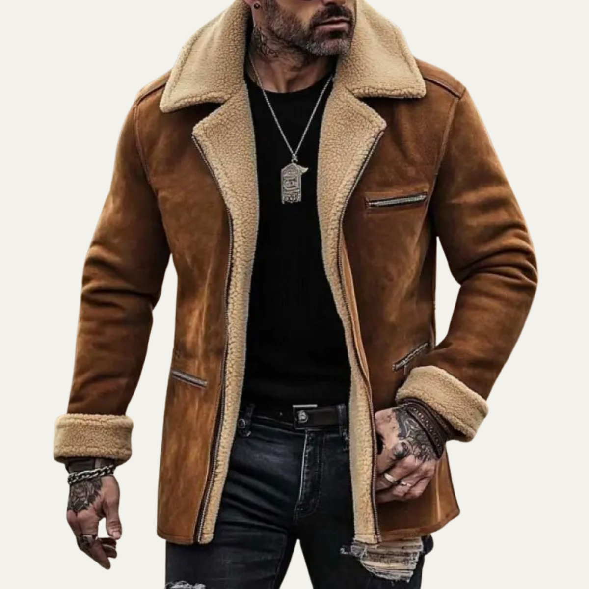 Men's Suede Shearling Jacket Zipper Pockets